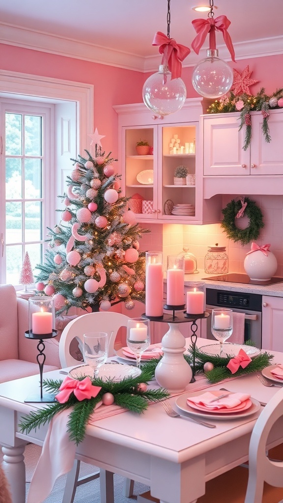 A pink-themed Christmas kitchen with a decorated tree, festive table setting, and cozy holiday decor.